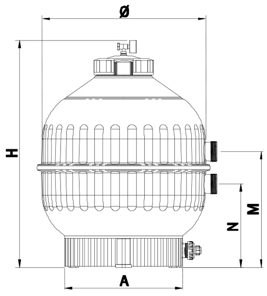 ابعاد و اندازه فیلتر شنی تصفیه استخر آسترال Astral سری کانتبریک شیر از بغل