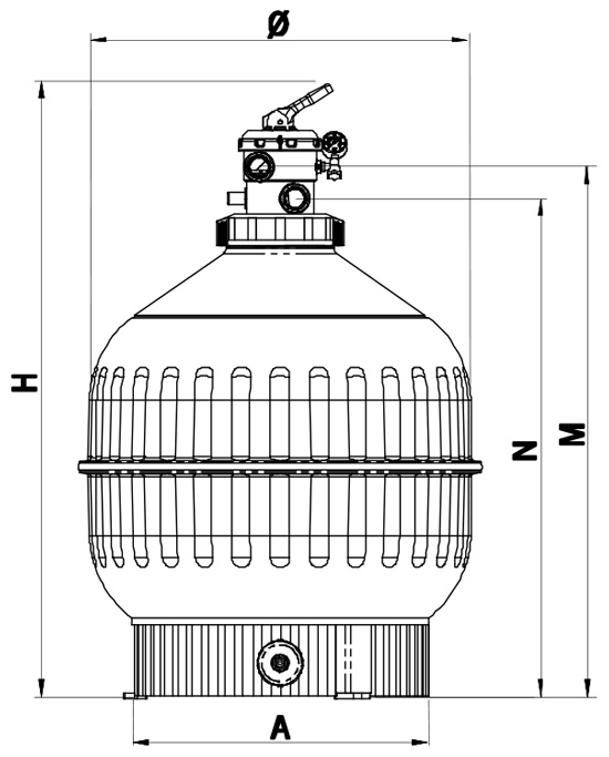 ابعاد و اندازه فیلتر شنی تصفیه استخر آسترال Astral سری کانتبریک شیر از بالا