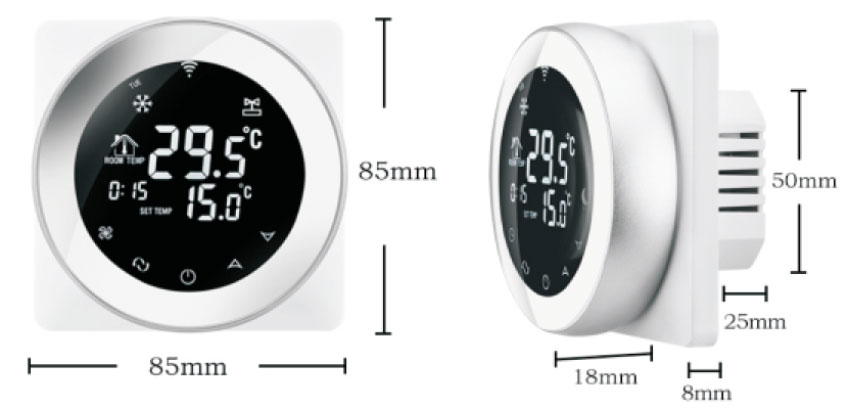 ابعاد و اندازه ترموستات لمسی فن کویل بیوک مدل TGR87W