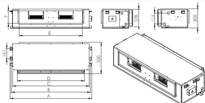 ابعاد و اندازه فن کویل کانالی کارنو سری CDF