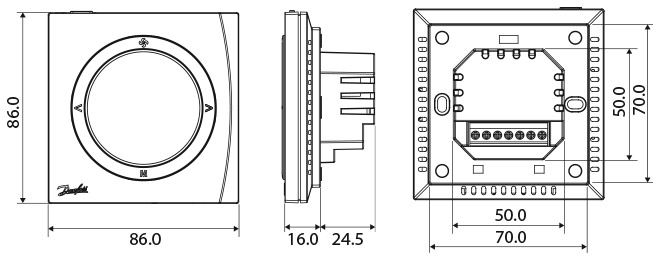ابعاد و اندازه ترموستات اتاقی دیجیتال دانفوس مدل GreenCon RC-T2