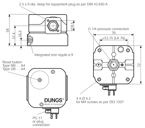 ابعاد و اندازه پرشر سوئیچ دانگز Dungs مدل GW-3-A4