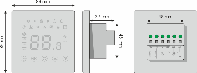 ابعاد و اندازه ترموستات فو توکار مدل TD3 Economy-Plus