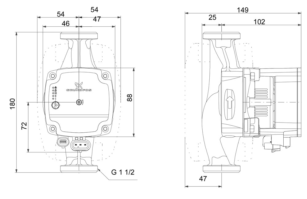 ابعاد و اندازه پمپ سیرکولاتور خطی گراندفوس Grundfos مدل ALPHA1 L 25-60 180