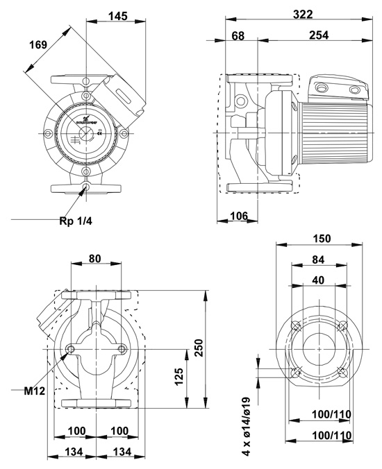 ابعاد و اندازه پمپ سیرکولاتور خطی گراندفوس Grundfos مدل UPS 40-180 سه فاز