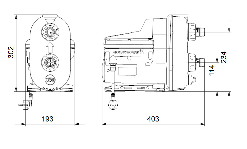 ابعاد و اندازه بوستر پمپ افزایش فشار آب هوشمند گرانفوس Grundfoss مدل Scala2 3-45