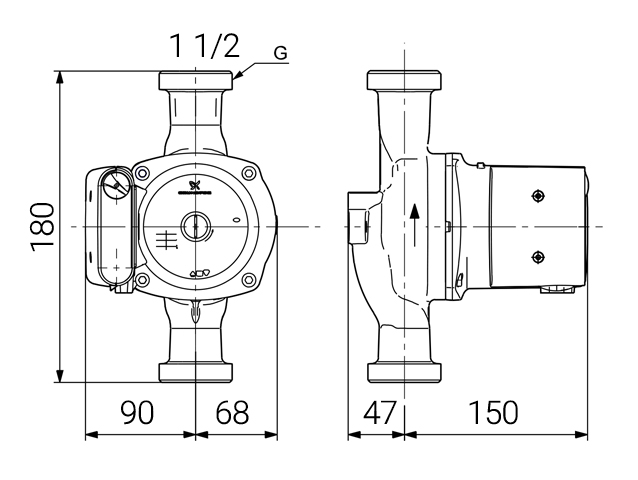 دیاگرام ابعاد و اندازه پمپ سیرکولاتور خطی گراندفوس Grundfos مدل UPS 25-100 180