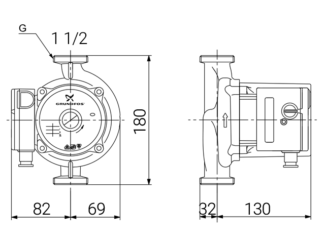 دیاگرام ابعاد و اندازه پمپ سیرکولاتور خطی گراندفوس Grundfos مدل UPS 25-125 180