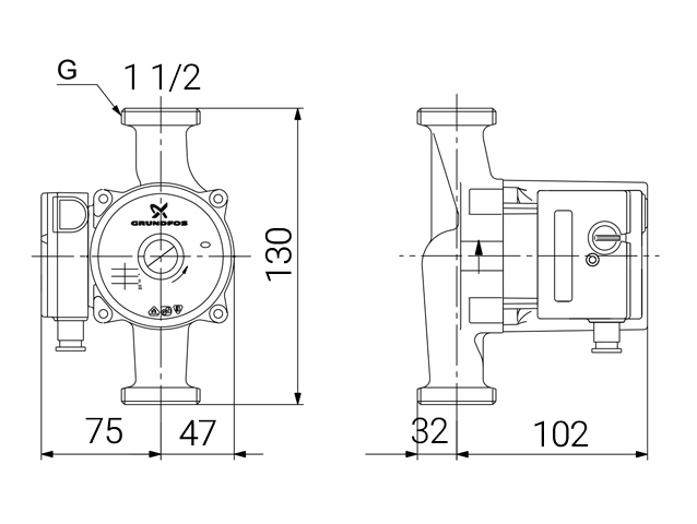 دیاگرام ابعاد و اندازه پمپ سیرکولاتور خطی گراندفوس Grundfos مدل UPS 25-60 130