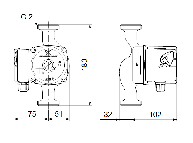 دیاگرام ابعاد و اندازه پمپ سیرکولاتور خطی گراندفوس Grundfos مدل UPS 32-70 180