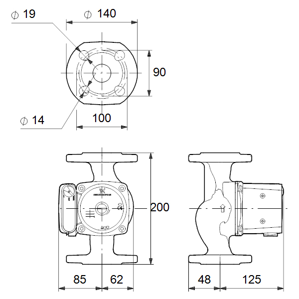 دیاگرام ابعاد و اندازه پمپ سیرکولاتور خطی گراندفوس Grundfos مدل UPS 36-50 F 200