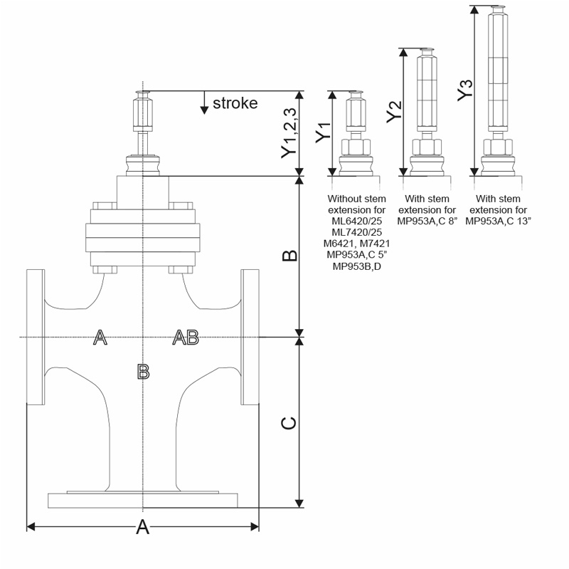 ابعاد و اندازه شیر سه راهه موتوری برنجی هانیول Honeywell مدل V5050A