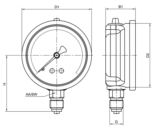 ابعاد و اندازه گیج فشار روغنی پکنز Pakkens صفحه 6 سانت 25 بار عمودی