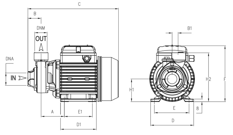 ابعاد و اندازه پمپ آبرسانی تحت فشار پنتاکس Pentax سری PM