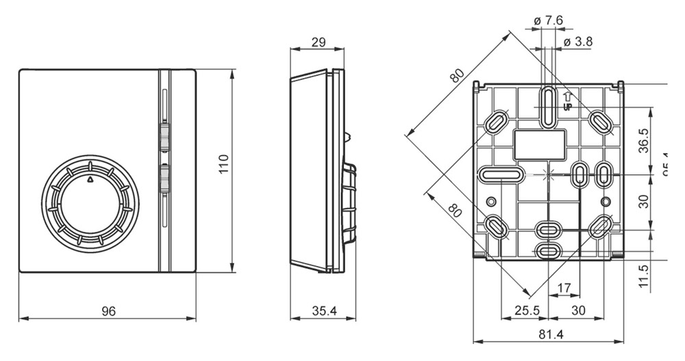 ابعاد و اندازه ترموستات آنالوگ زیمنس RAB11