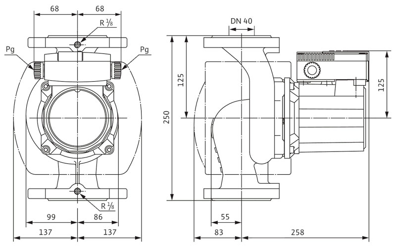 ابعاد و اندازه پمپ سیرکولاتور خطی ویلو Wilo آلمان 1 1/4 اینچ مدل Top-S 40/15