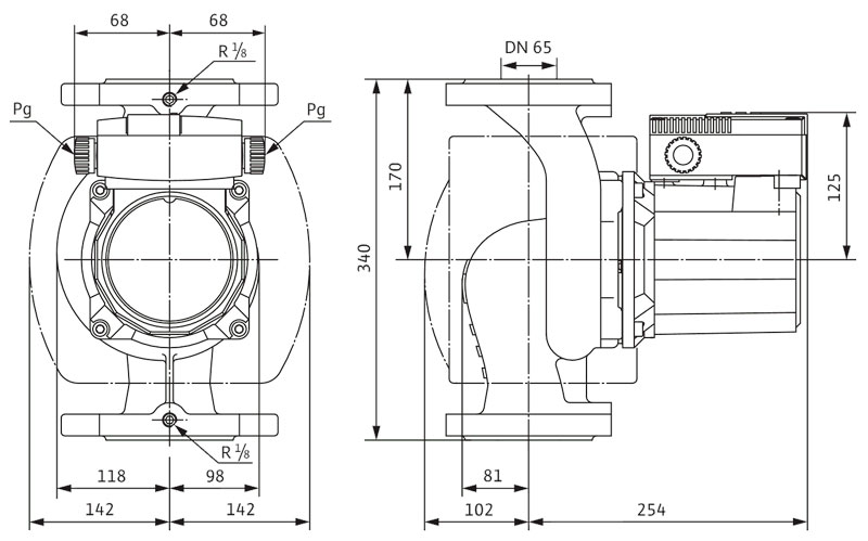 ابعاد و اندازه پمپ سیرکولاتور خطی ویلو Wilo آلمان 2 اینچ مدل Top-S 65/15