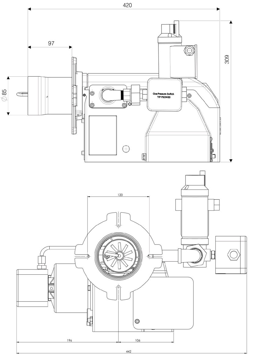 ابعاد و اندازه مشعل گازی شوفاژکار مدل CKI-G85