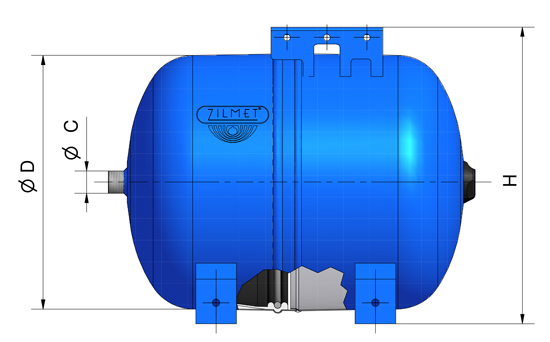 مشخصات ابعادی منبع انبساط 50 لیتری افقی zilmet