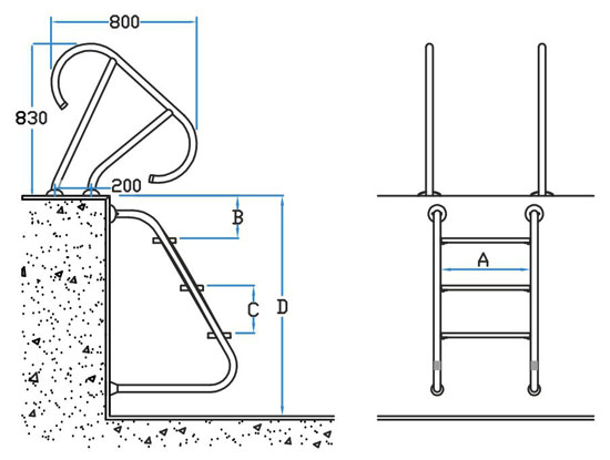 ابعاد و اندازه نردبان مستغرق شیب دار استخر ایندرا کامفی Indra Komfy و هندریل آناهید Anahid آکوامارین 