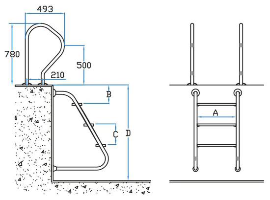 ابعاد و اندازه نردبان مستغرق شیب دار در آب استخر ایندرا کامفی آکوامارین 