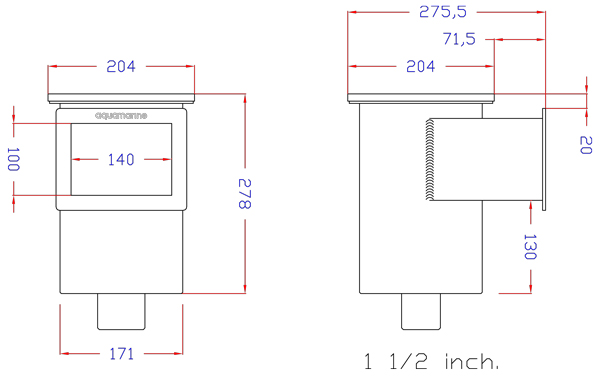 ابعاد و اندازه اسکیمر تمام استیل آکوامارین مدل SLX20N 