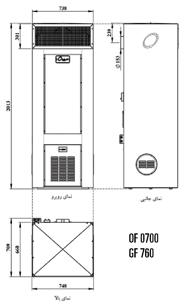 ابعاد و اندازه کوره هوای گرم گازوئیلی انرژی مدل OF700 